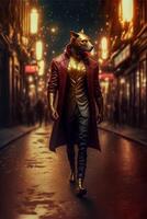 homem dentro uma ouro terno caminhando baixa uma rua. generativo ai. foto