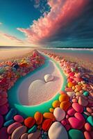 coração em forma Rocha sentado em topo do uma arenoso de praia. generativo ai. foto