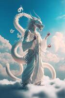 branco Dragão em pé em topo do uma nuvem coberto chão. generativo ai. foto