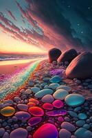 pintura do pedras e uma arco Iris em uma de praia. generativo ai. foto