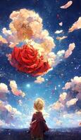 Garoto olhando acima às uma vermelho rosa dentro a céu. generativo ai. foto
