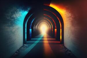 abstrato túnel corredor com raios do luz brilhando através. ai gerado foto