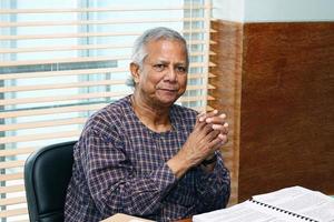 Bangladesh setembro 20, 2012, retrato do Maomé yunus uma popular economista e líder às grameen Centro, dhaka. foto