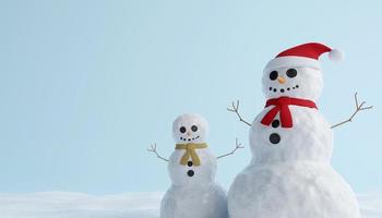 conceito do Natal branco feliz boneco de neve e bebê boneco de neve com vermelho cachecol e santa chapéu em azul fundo. 3d ilustração foto