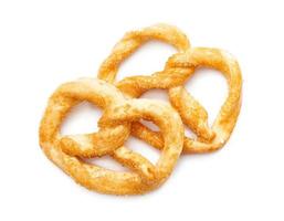 topo Visão ou plano deitar pretzel isolado em branco fundo. foto