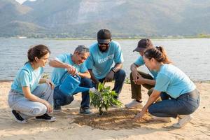 voluntariado, caridade, pessoas e ecologia conceito. grupo do feliz voluntários plantio treel dentro rio foto