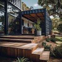 moderno metal construção fez a partir de Remessa containers e dentro floresta e azul céu fundo. recipiente casa Projeto dentro floresta. generativo ai foto