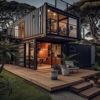 moderno metal construção fez a partir de Remessa containers e dentro floresta e azul céu fundo. recipiente casa Projeto dentro floresta. generativo ai foto