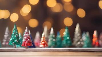 Natal árvore decoração em de madeira fundo. generativo ai. foto