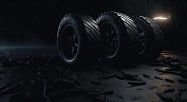 Novo carro pneus. grupo do estrada rodas em Sombrio fundo. verão pneus com assimétrico piso Projeto. dirigindo carro conceito. generativo ai. foto