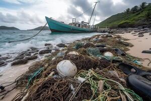 derramado lixo em a de praia do a grande cidade. esvaziar usava sujo plástico garrafas. sujo mar arenoso costa a Preto mar. de Meio Ambiente poluição. ecológico problema. generativo ai. foto