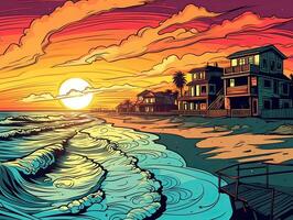 ilustração do mar panorama verão de praia com Palmeiras, barco, horizonte às pôr do sol. artoon estilo ilustração para t camisa Projeto. generativo ai. foto