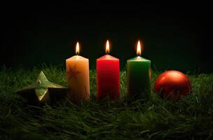advento vela, abeto árvore galhos e feriado decorações dentro neve contra luz festão fundo. Natal cartão. generativo ai. foto