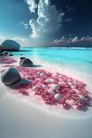 de praia com Rosa areia e pedras dentro a água. generativo ai. foto