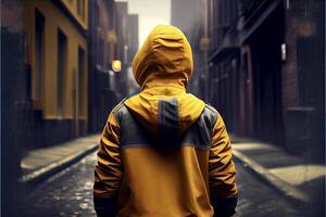 pessoa dentro uma amarelo Jaqueta caminhando baixa uma rua. generativo ai. foto