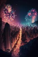 cidade às noite com fogos de artifício dentro a céu. generativo ai. foto