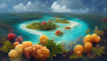 quente verão. tropical ilha pintura. 2d ilustração, Largo escova digital arte. generativo ai foto