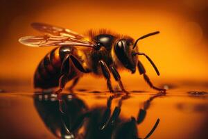 só querida abelha brilha contra uma Sombrio pano de fundo, revelador bem detalhes. generativo ai foto