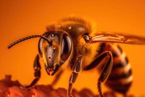 macro tiro do uma abelha, Difícil às trabalhos encontro néctar em vibrante amarelo florescer. generativo ai foto