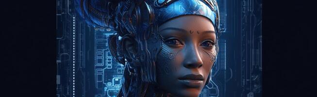 futurista humanóide robô exemplifica em azul fundo corte Beira artificial inteligência tecnologia conceitos. generativo ai foto
