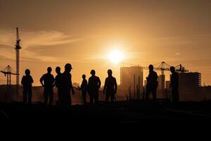 silhuetas do engenheiros às construção local às pôr do sol. generativo ai foto