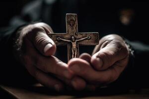 Igreja sacerdote detém religioso Cruz dentro mãos. generativo ai foto