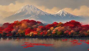 colorida outono estação e montanha Fuji com vermelho folhas às lago kawaguchiko dentro Japão. generativo ai foto
