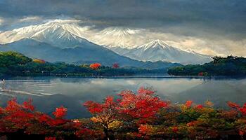 colorida outono estação e montanha Fuji com vermelho folhas às lago kawaguchiko dentro Japão. generativo ai foto