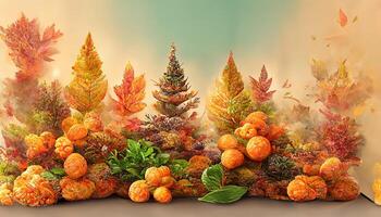 excelente outono exibição pódio decoração fundo com laranja folhas, árvores, presente caixa, produtos exibição zombar acima. generativo ai foto