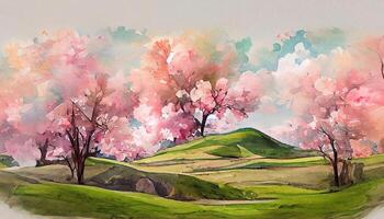 decorativo aguarela Primavera panorama com solteiro exuberante florescendo sakura cereja árvore dentro cheio Flor em uma colinas. generativo ai foto