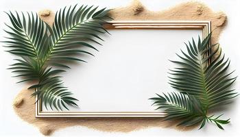 foto quadro, decorativo folhas e areia em branco fundo. cópia de espaço quadro, dia dos namorados dia, mãe dia, mulheres dia, Primavera conceito, topo visualizar, gerar ai