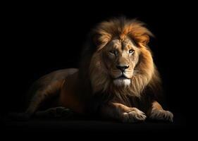 detalhado retrato do rei do bestas leão do a selva, isolado em Preto fundo. generativo ai foto