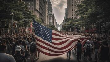 foto do multidão do pessoas caminhando dentro cidade, conceito fundo a comemorar americano independência dia, gerado ai