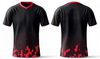 Preto esporte camisa brincar com vermelho abstrato padrão, frente e costas visualizar, generativo ai foto