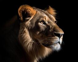 detalhado retrato do uma leão face, isolado em Preto fundo. generativo ai foto