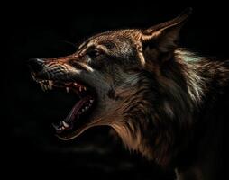 detalhado retrato do uma rugindo Lobo face, em Sombrio fundo, generativo ai foto