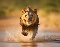 lindo retrato, Visão do leão corrida em água, generativo ai foto