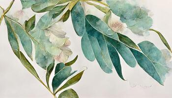 aguarela eucalipto folhas desatado fronteira, aguarela floral ilustração, vegetação e jasmim flor para casamento. generativo ai foto