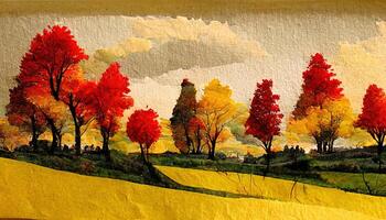 outono campo panorama com amarelo, vermelho árvores dentro papel cortar 3d estilo. generativo ai foto