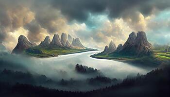 fantasia sombrio panorama com montanhas e rio, névoa, dramático nuvens, 3d ilustração, detalhado, colori. generativo ai foto