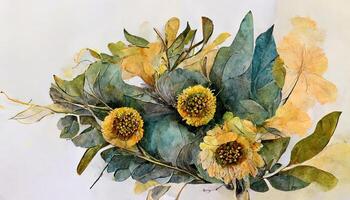 girassol e eucalipto folhas ramalhete, aguarela floral ilustração, amarelo flores generativo ai foto