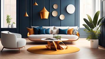 moderno vivo quarto interior com azul paredes, de madeira chão, branco sofá e volta café mesa. ai gerado foto