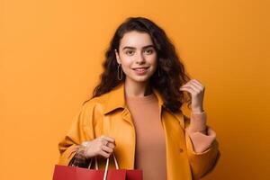 ai generativo uma mulheres com segurando uma compras saco olhando às Câmera foto