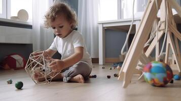 ai generativo fofa pequeno crianças jogando com brinquedos dentro a quarto ai gerado obra de arte foto