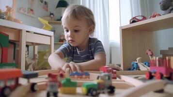 ai generativo fofa pequeno crianças jogando com brinquedos dentro a quarto ai gerado obra de arte foto