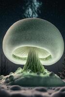 cogumelo sentado em topo do uma neve coberto chão. generativo ai. foto