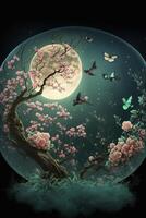 pintura do uma árvore com Rosa flores dentro frente do uma cheio lua. generativo ai. foto