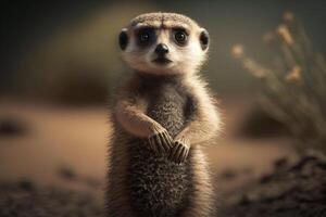 uma curioso meerkat em pé vertical, olhando por aí com Está frente patas mantido Fora dentro frente do isto. ai gerado foto