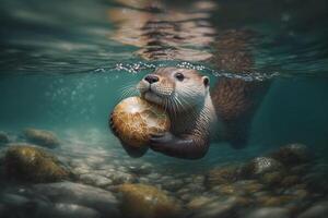 uma brincalhão lontra flutuando em Está costas dentro uma rio, segurando uma Concha dentro Está patas. ai gerado foto