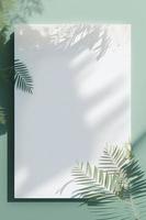 em branco branco desenhando tela de pintura em hortelã colori superfície com Palma folhas, casa plantas e suave floral sombras, gerar ai foto